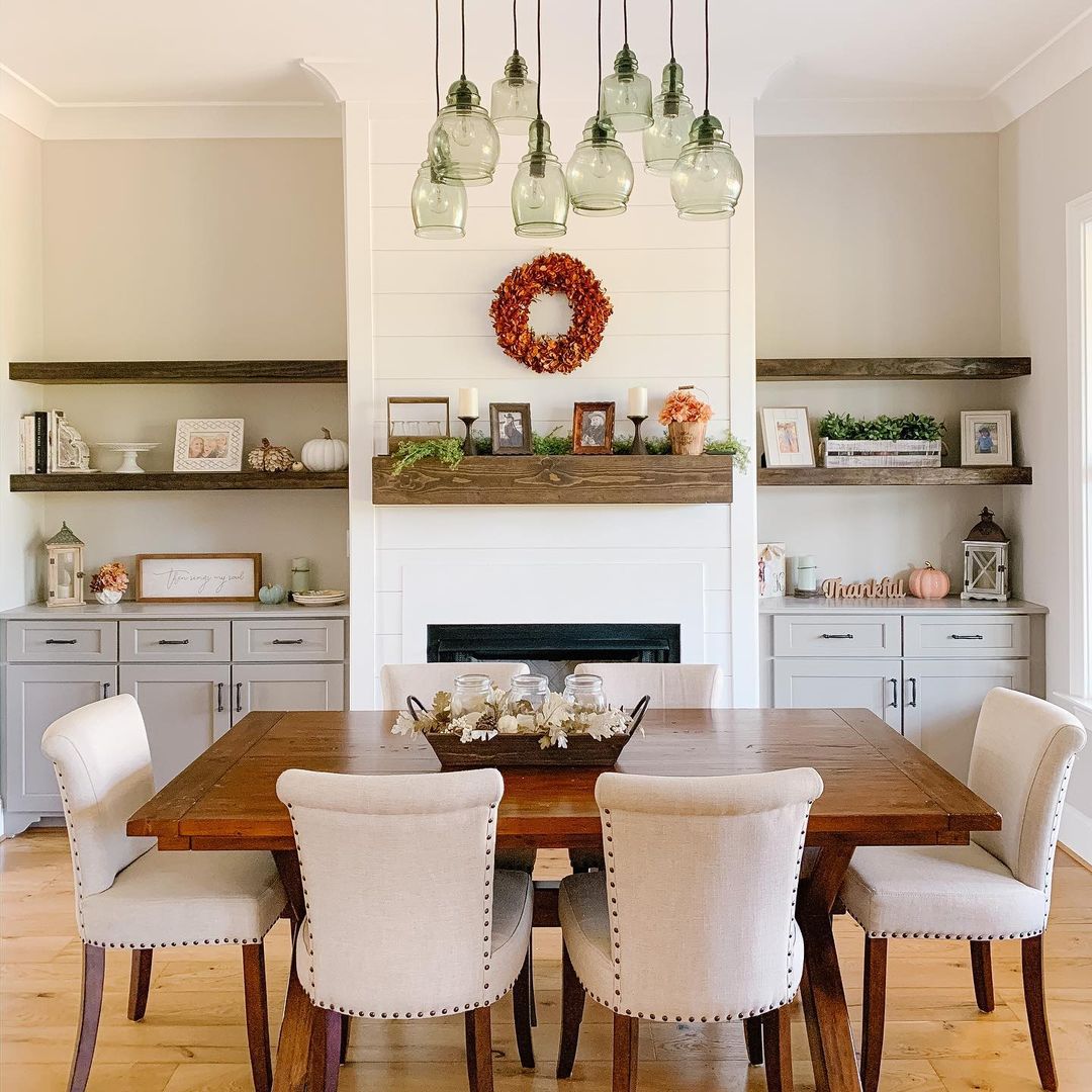 Inviting Farmhouse Dining Room with a Shiplap Fireplace