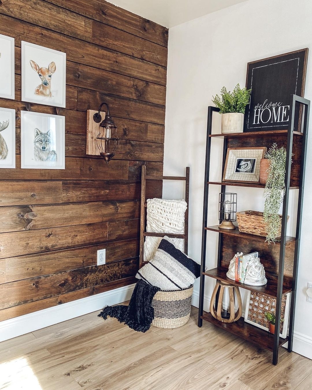 Rustic Corner with Wood Accents and Shelving