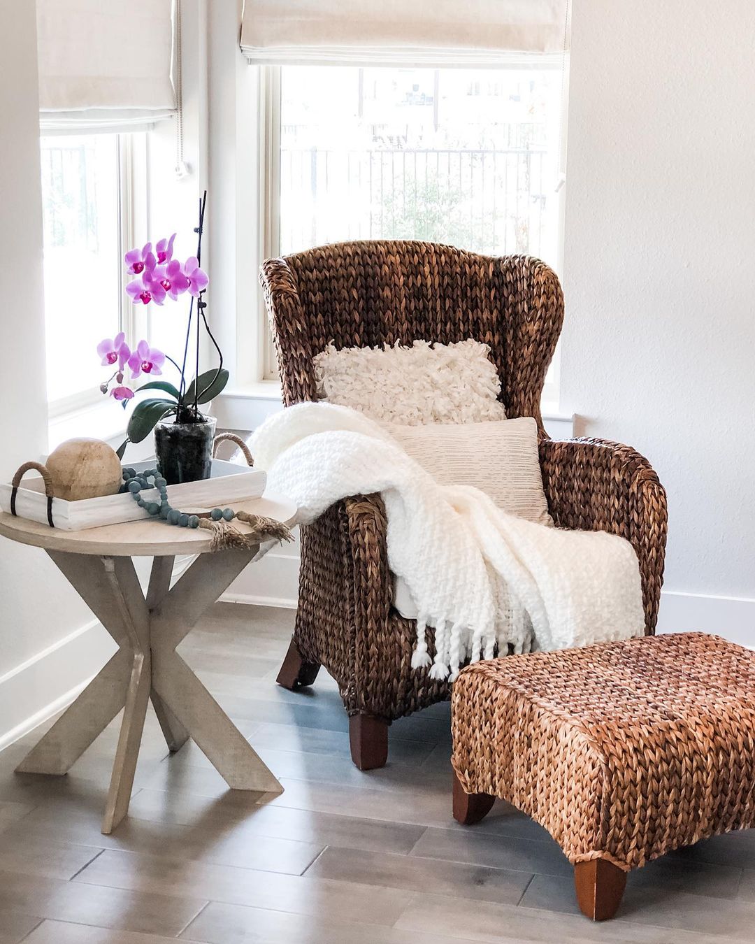 Cozy Corner with Wicker Chair and Ottoman