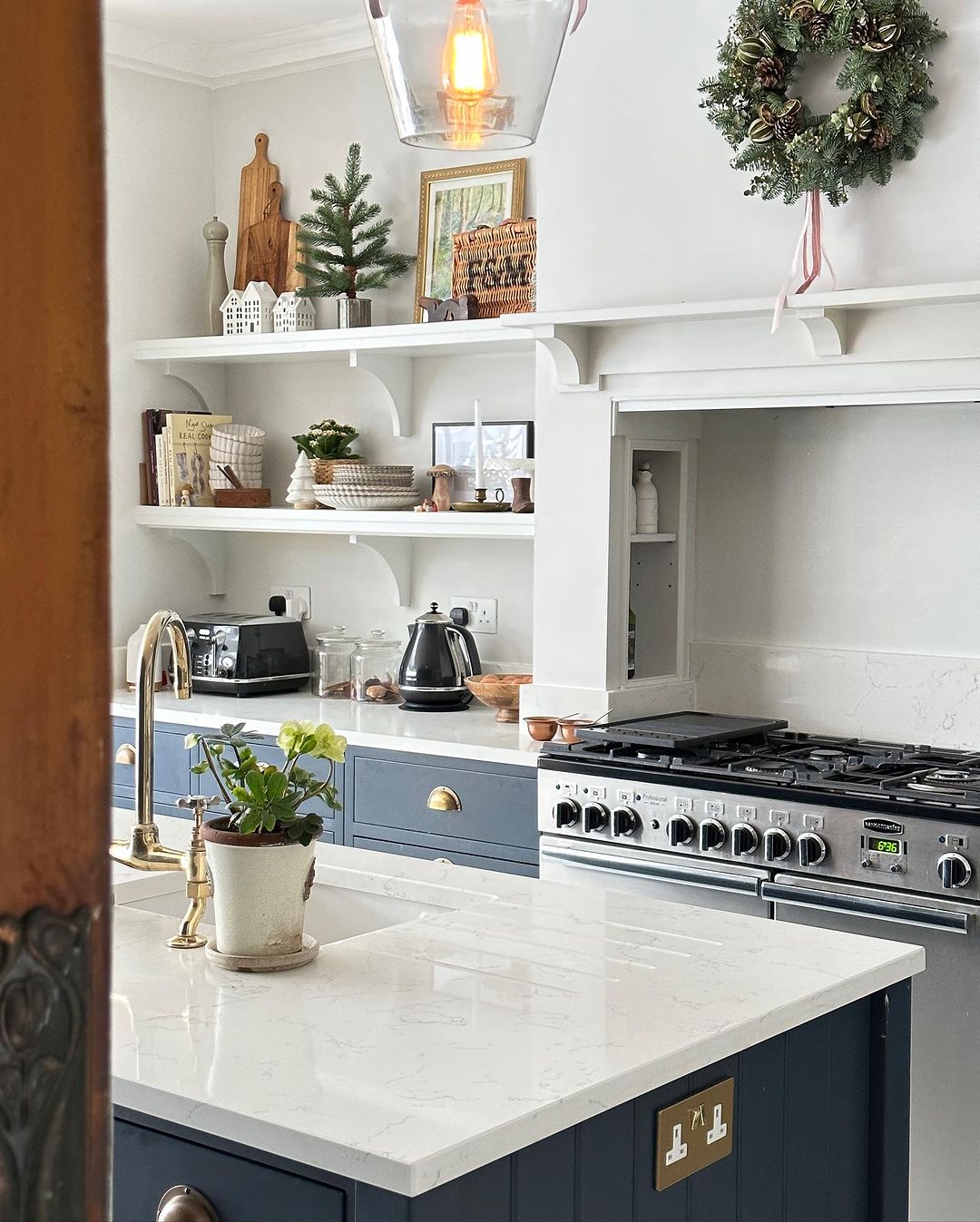 Classic Blue Cabinets with Festive Touches