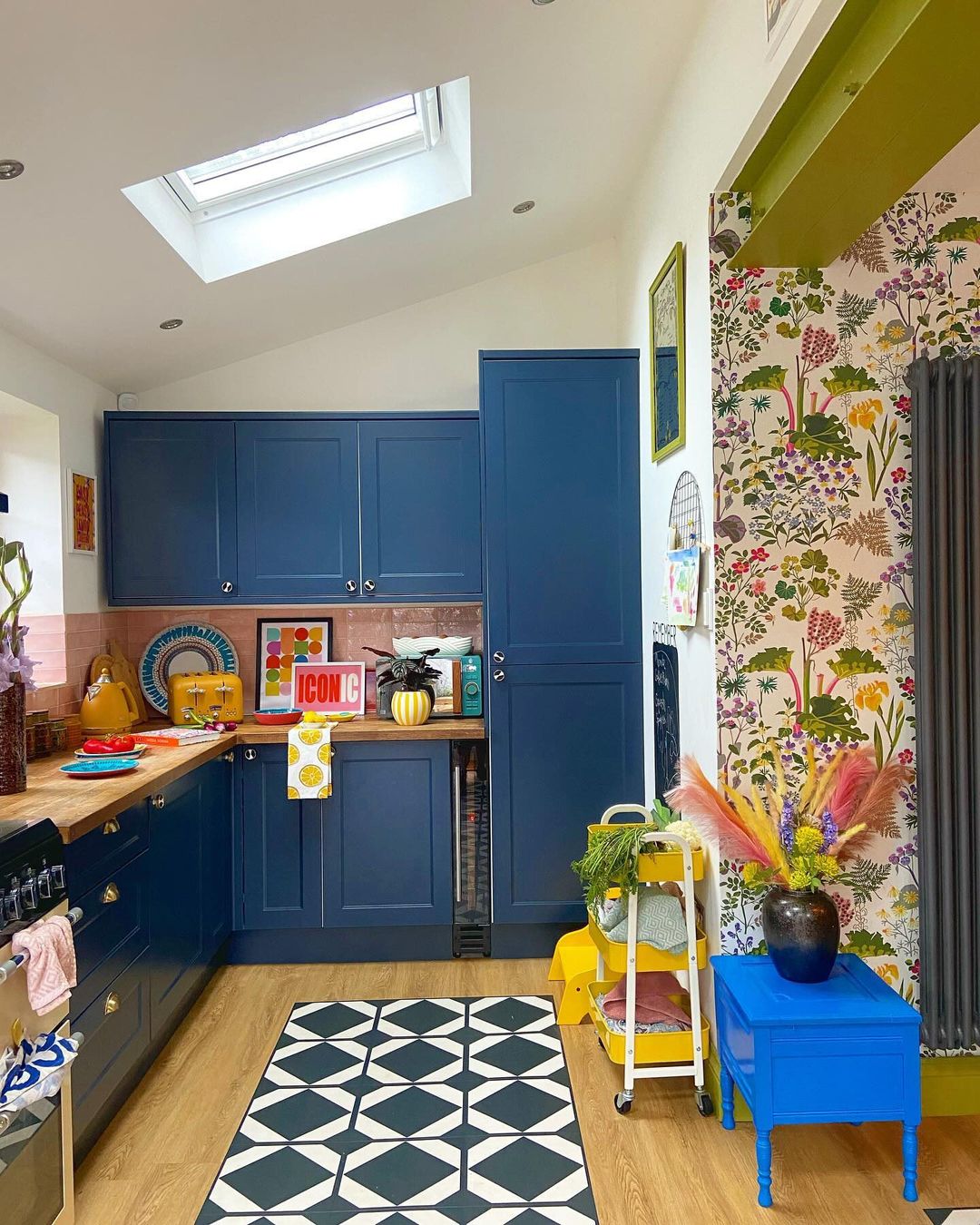 Bold Blue Cabinets with Eclectic Decor