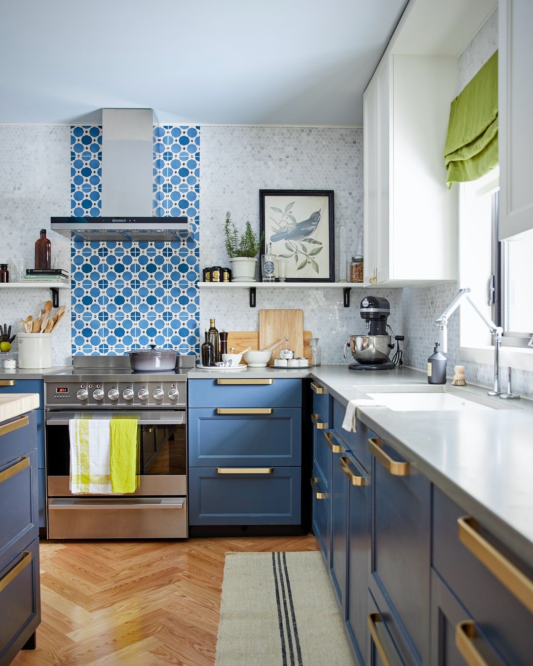 Blue Cabinets with Patterned Tile Backsplash