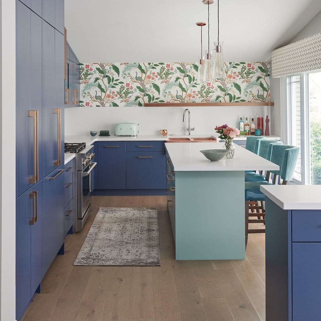 Modern Blue Cabinets with Floral Accents