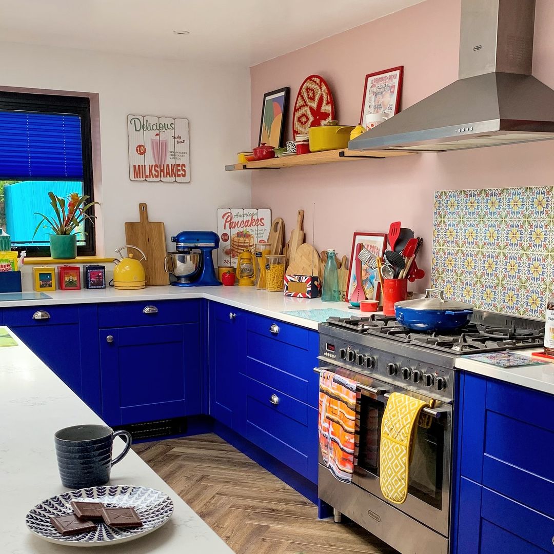 Bright Blue Cabinets with Retro Vibes