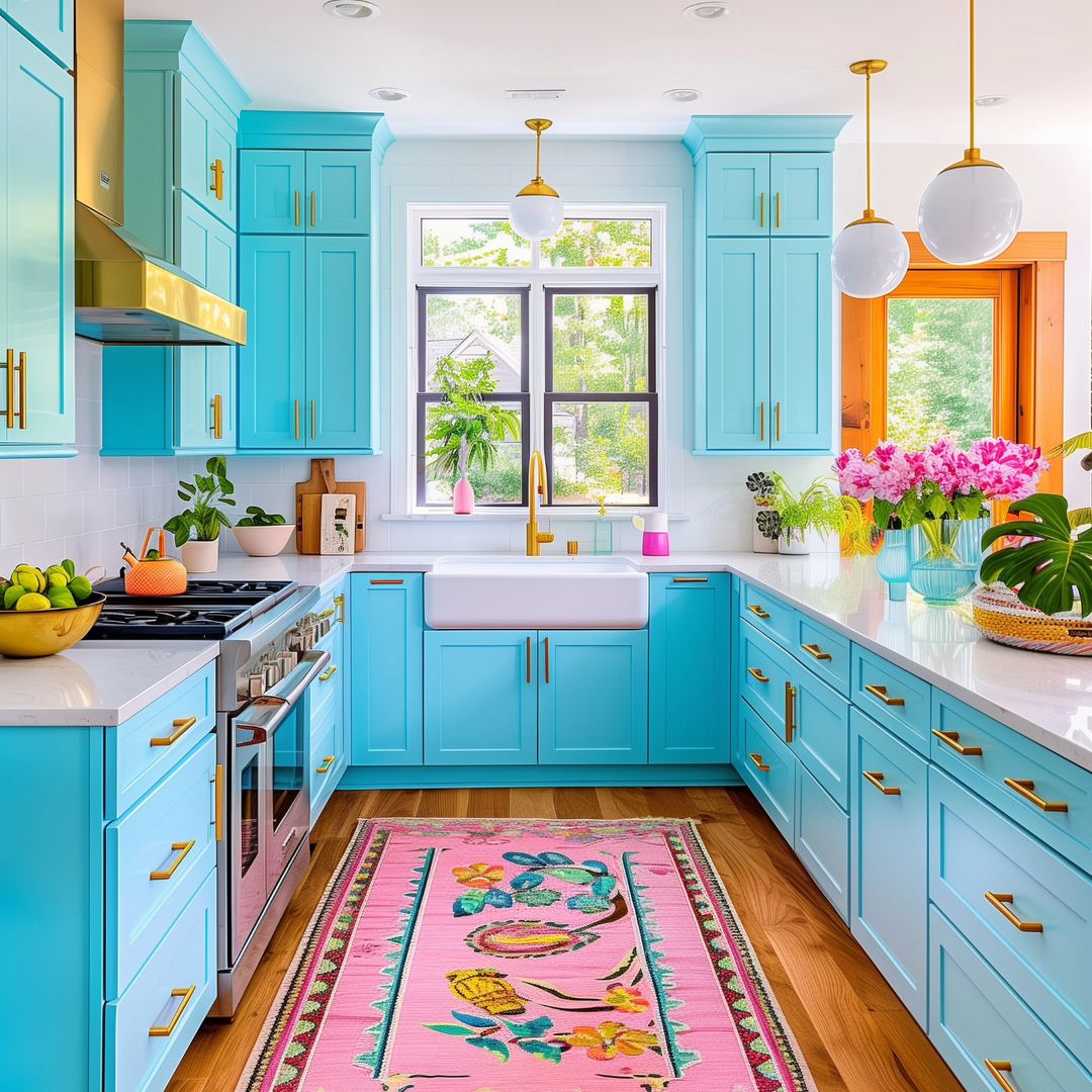 Bright Blue Cabinets with Colorful Accents