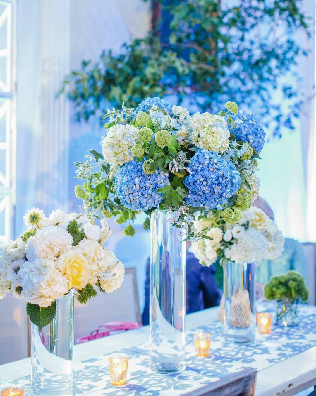 Tall Blue and White Hydrangea Centerpiece