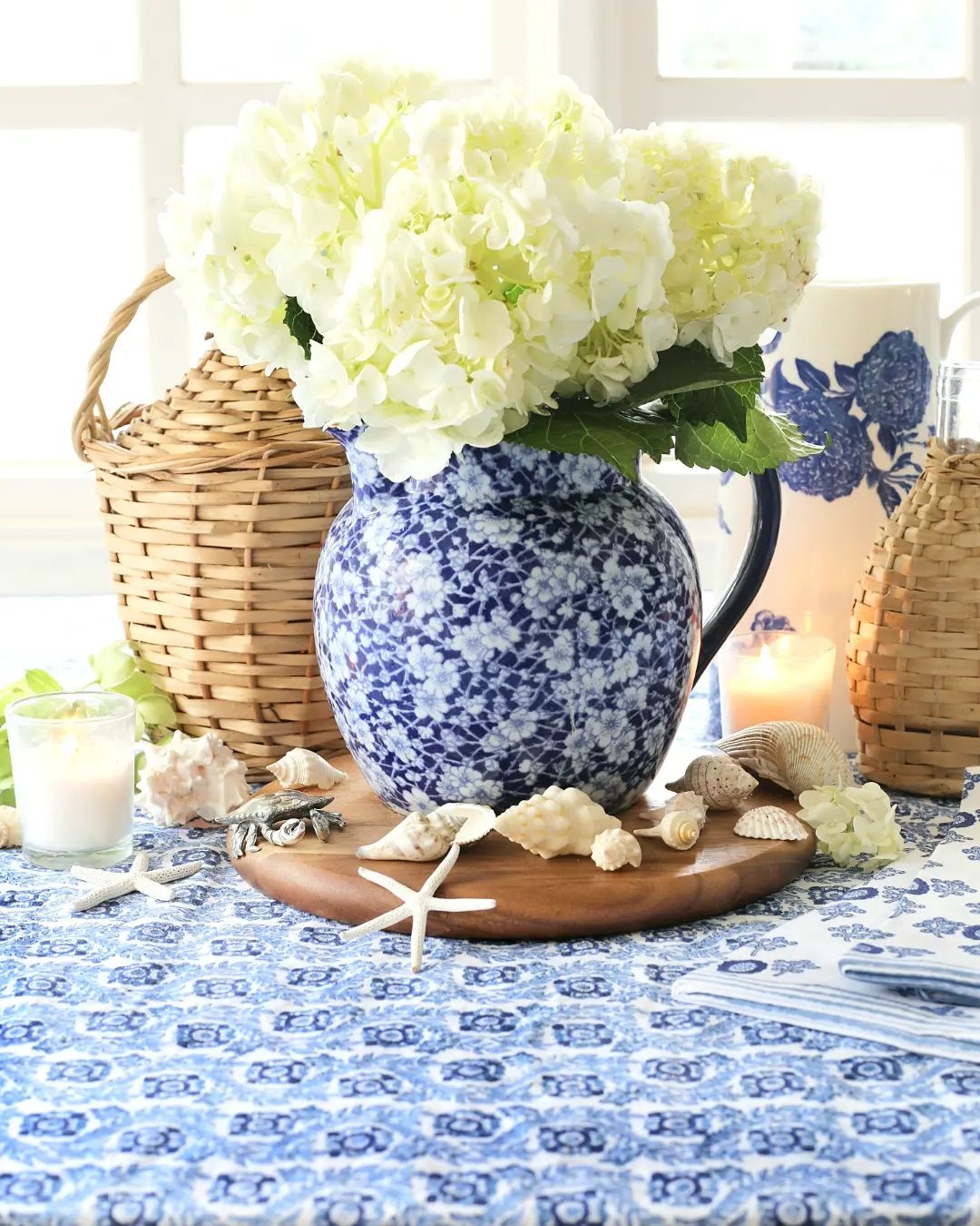 Coastal Blue and White Hydrangea Centerpiece