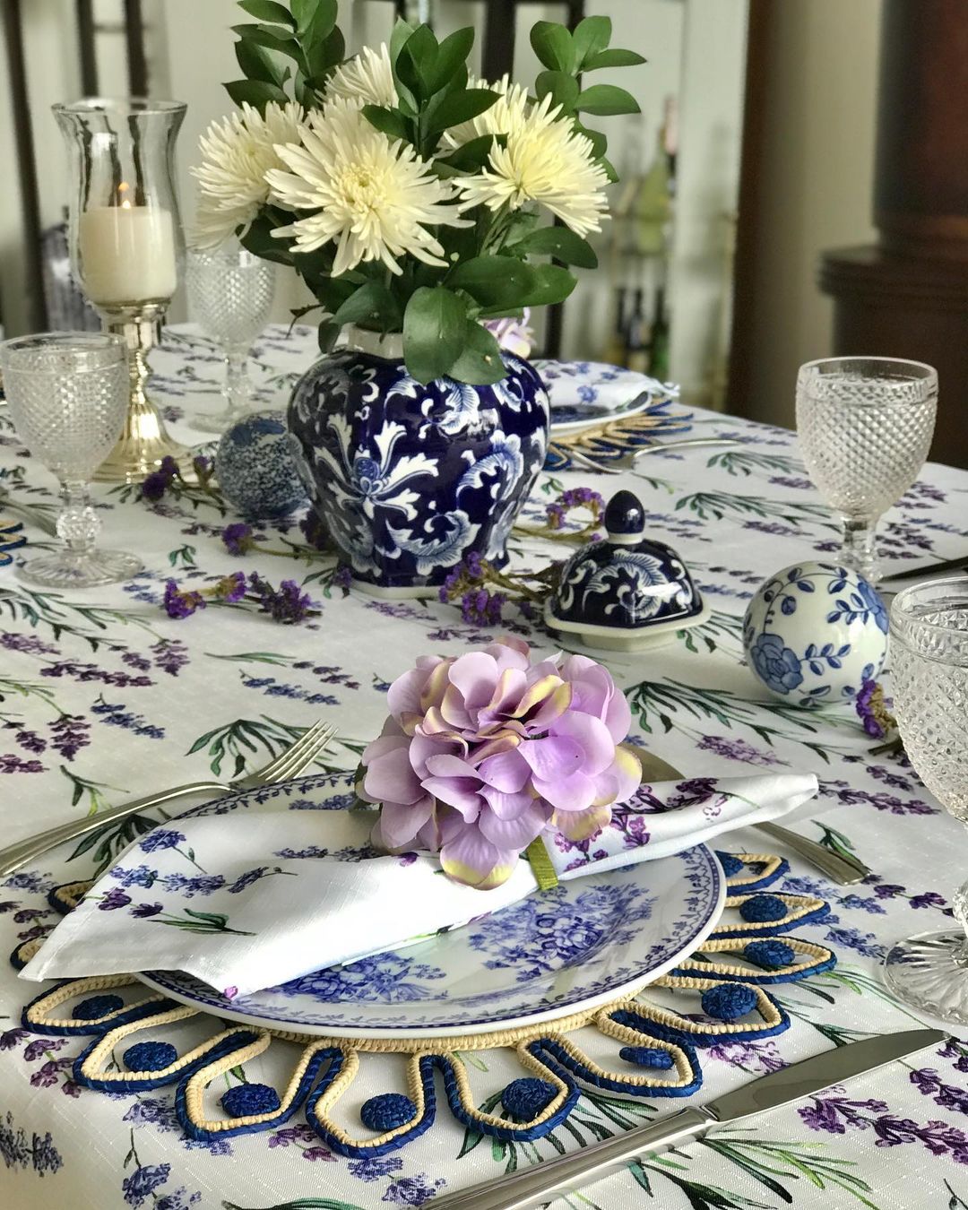 Floral Blue and White Centerpiece with Lilac Accents