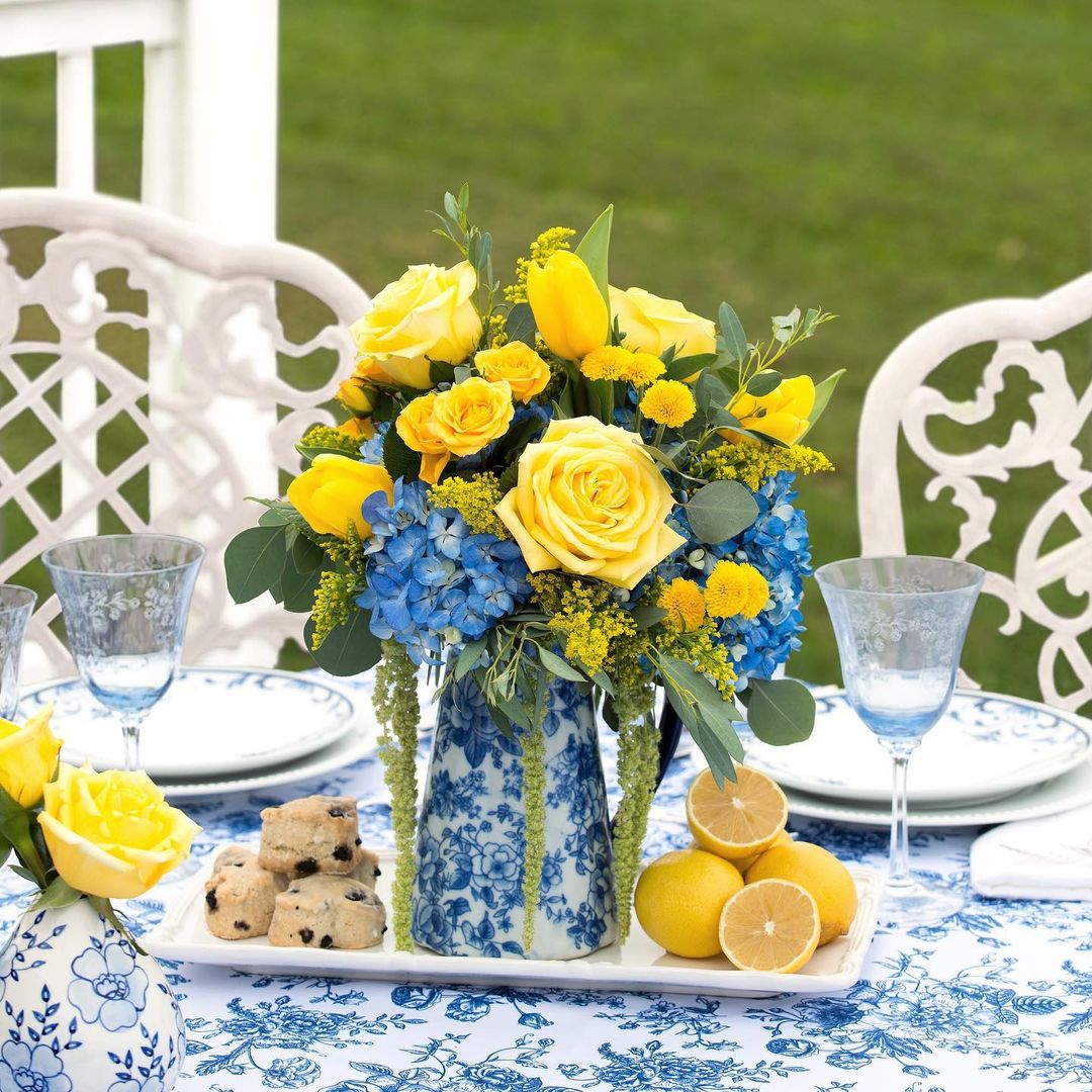 Fresh Yellow and Blue Floral Centerpiece