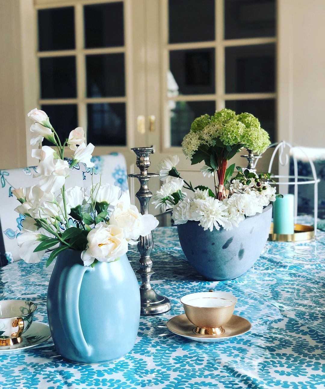 Cozy Blue and White Floral Centerpiece