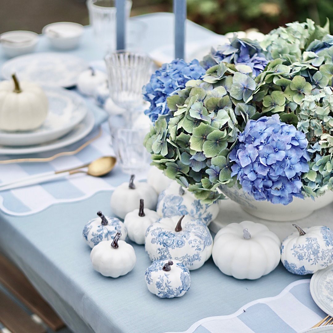 Festive Blue and White Pumpkin Centerpiece