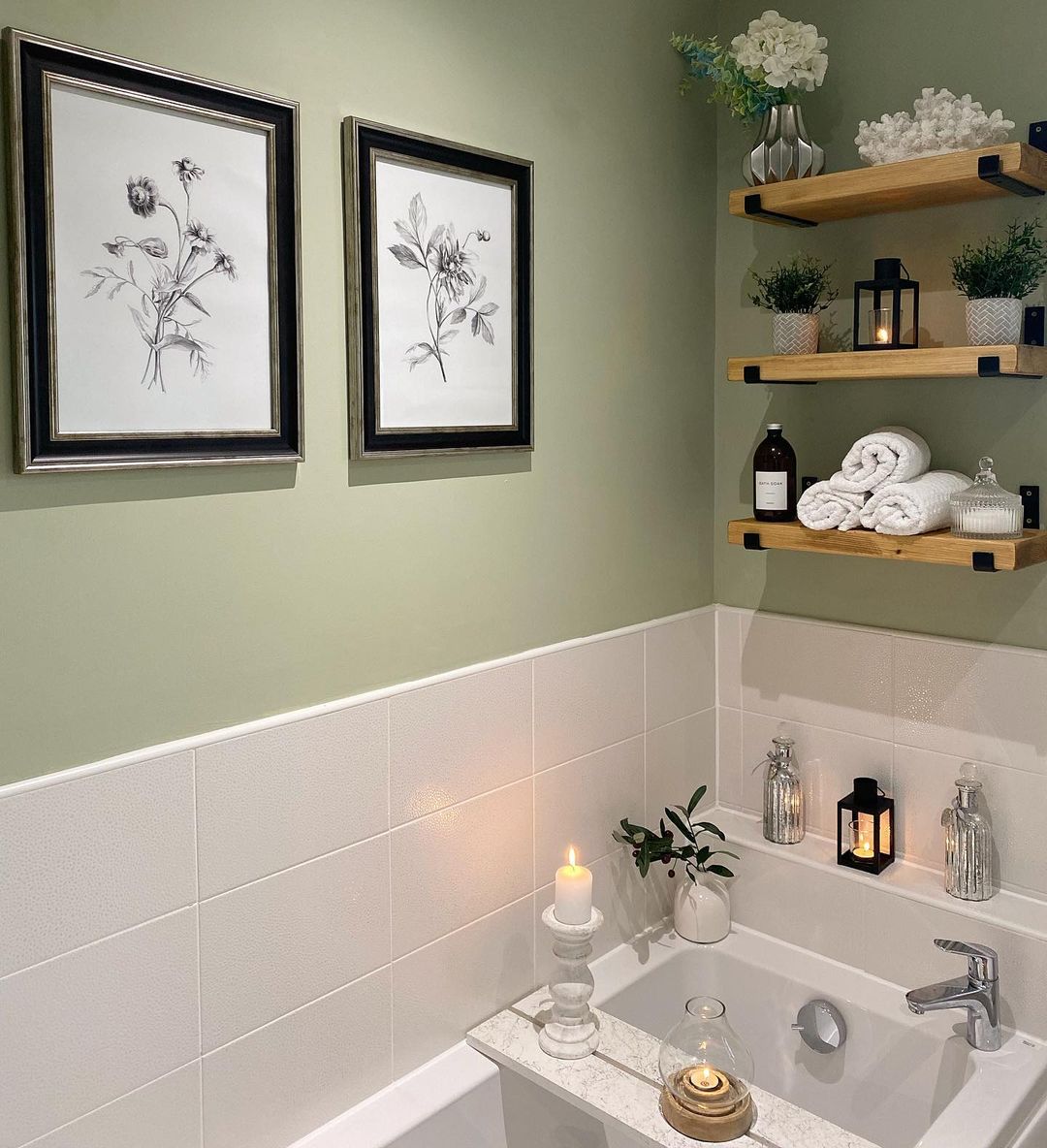 Monochrome Art and Rustic Shelves for a Modern Bathroom