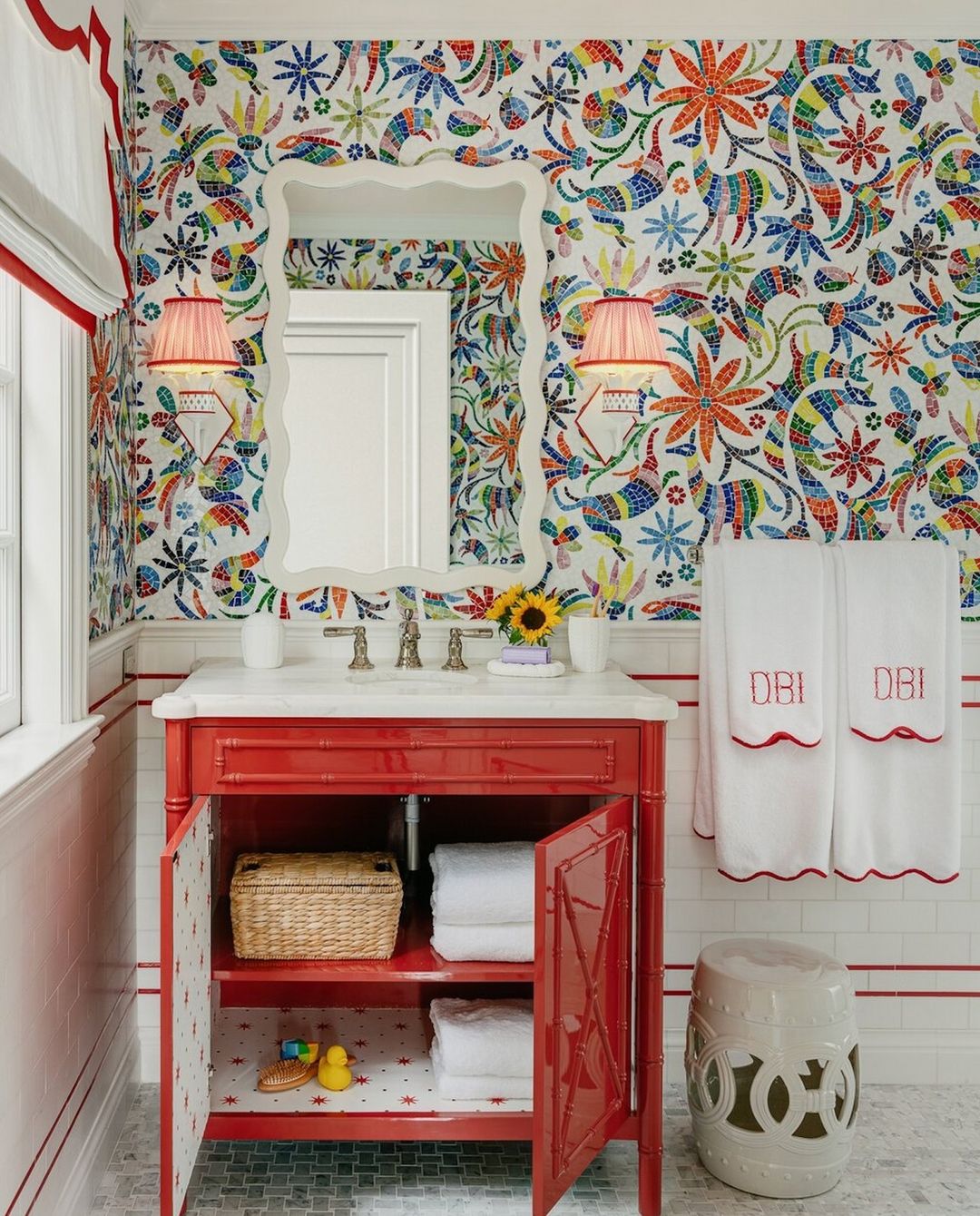 Vibrant Wallpaper and Bold Vanity for a Playful Bathroom