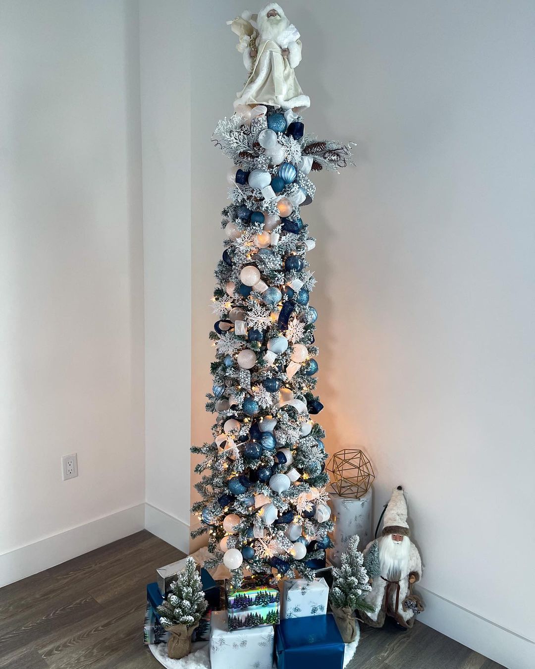 Snowy Blue and White Pencil Christmas Tree Corner