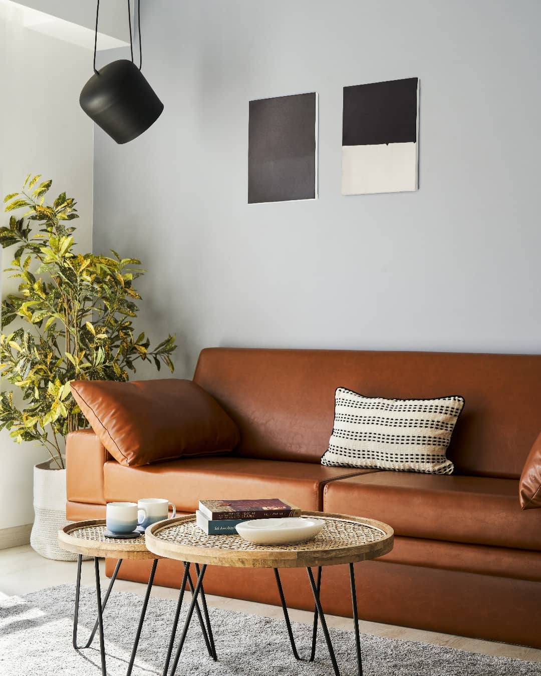 Embrace Contemporary Simplicity with a Tan Couch and Minimalist Decor