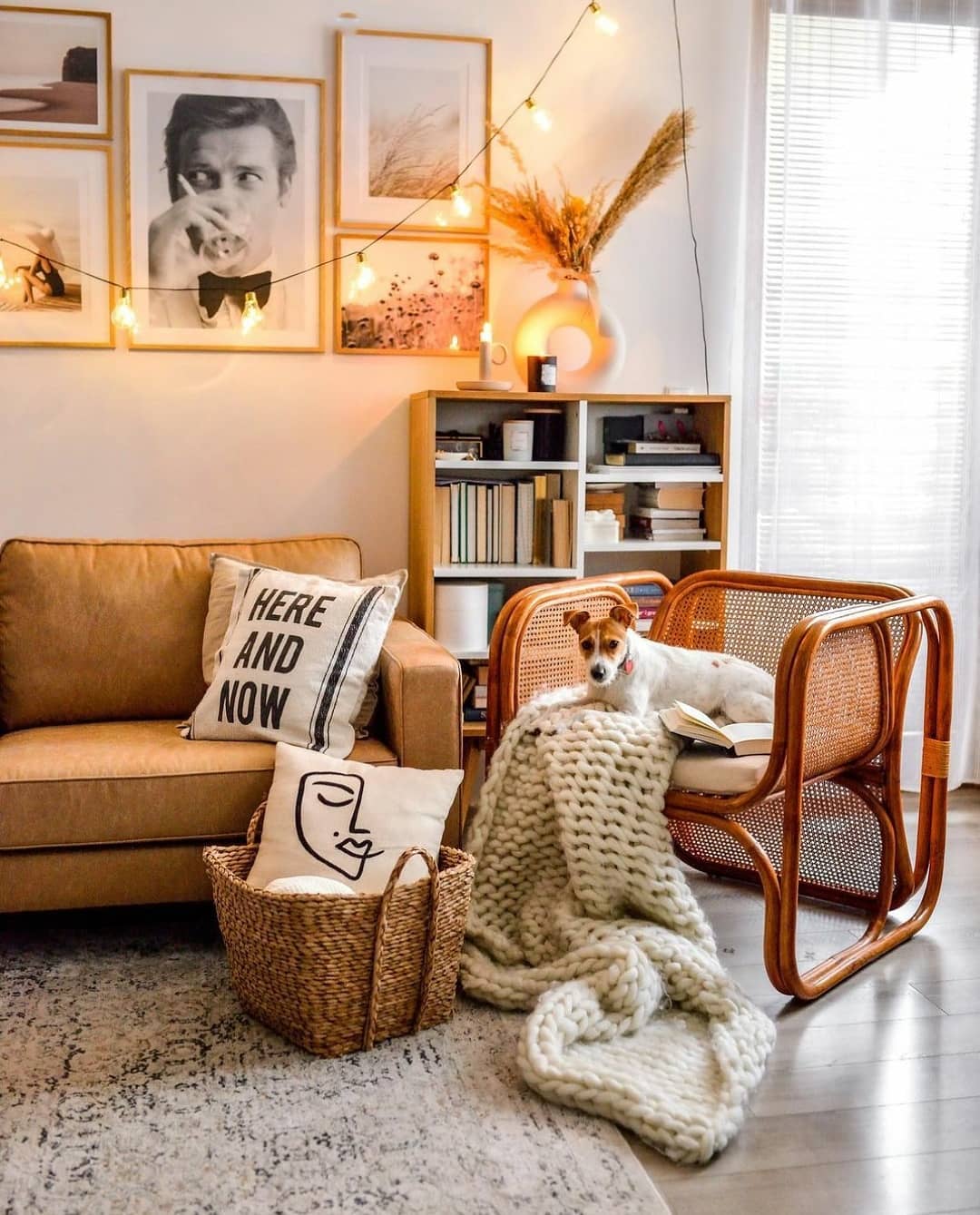 Add Personality with Art and Lighting in a Tan Couch Living Room