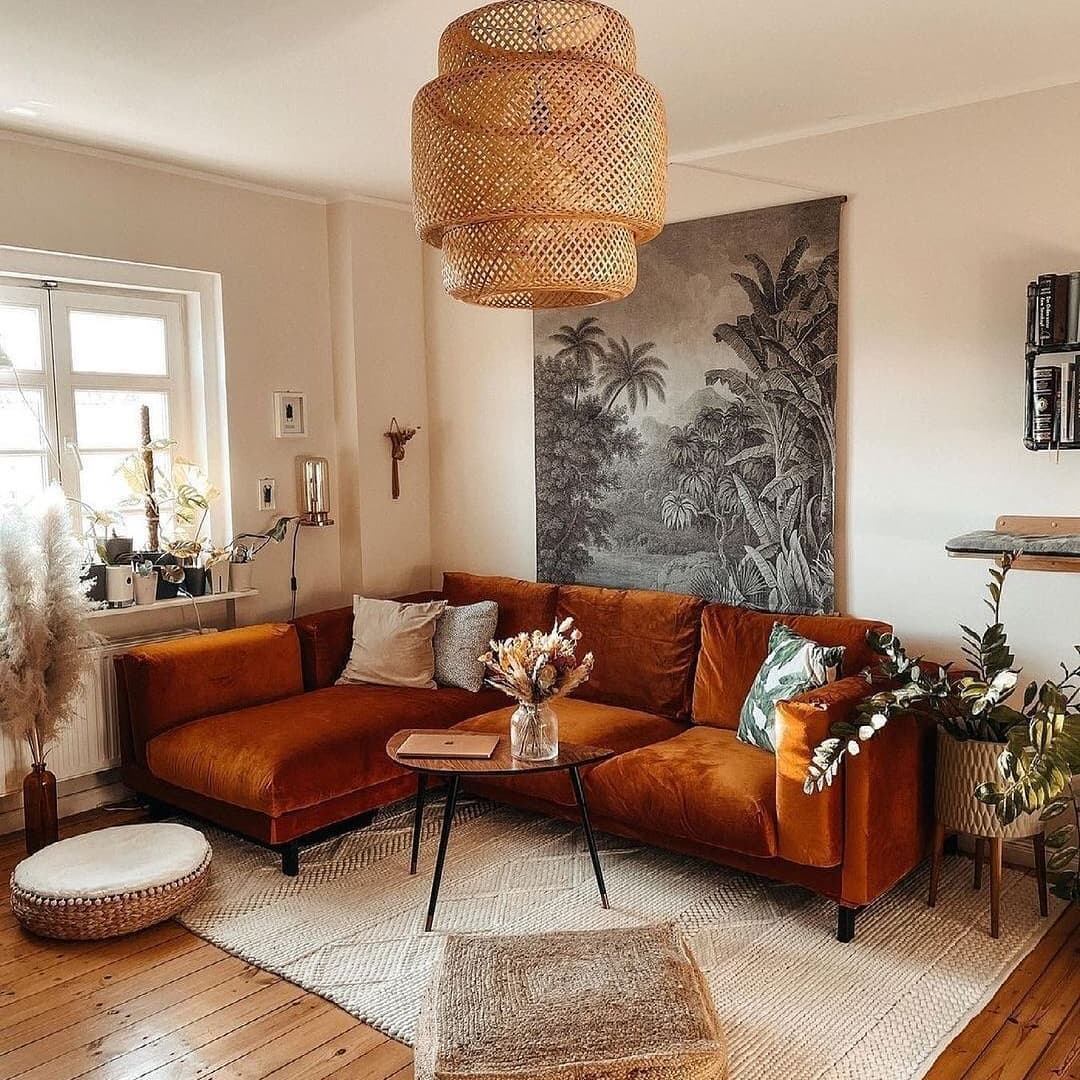 Create a Boho Chic Atmosphere with a Tan Couch and Woven Accents