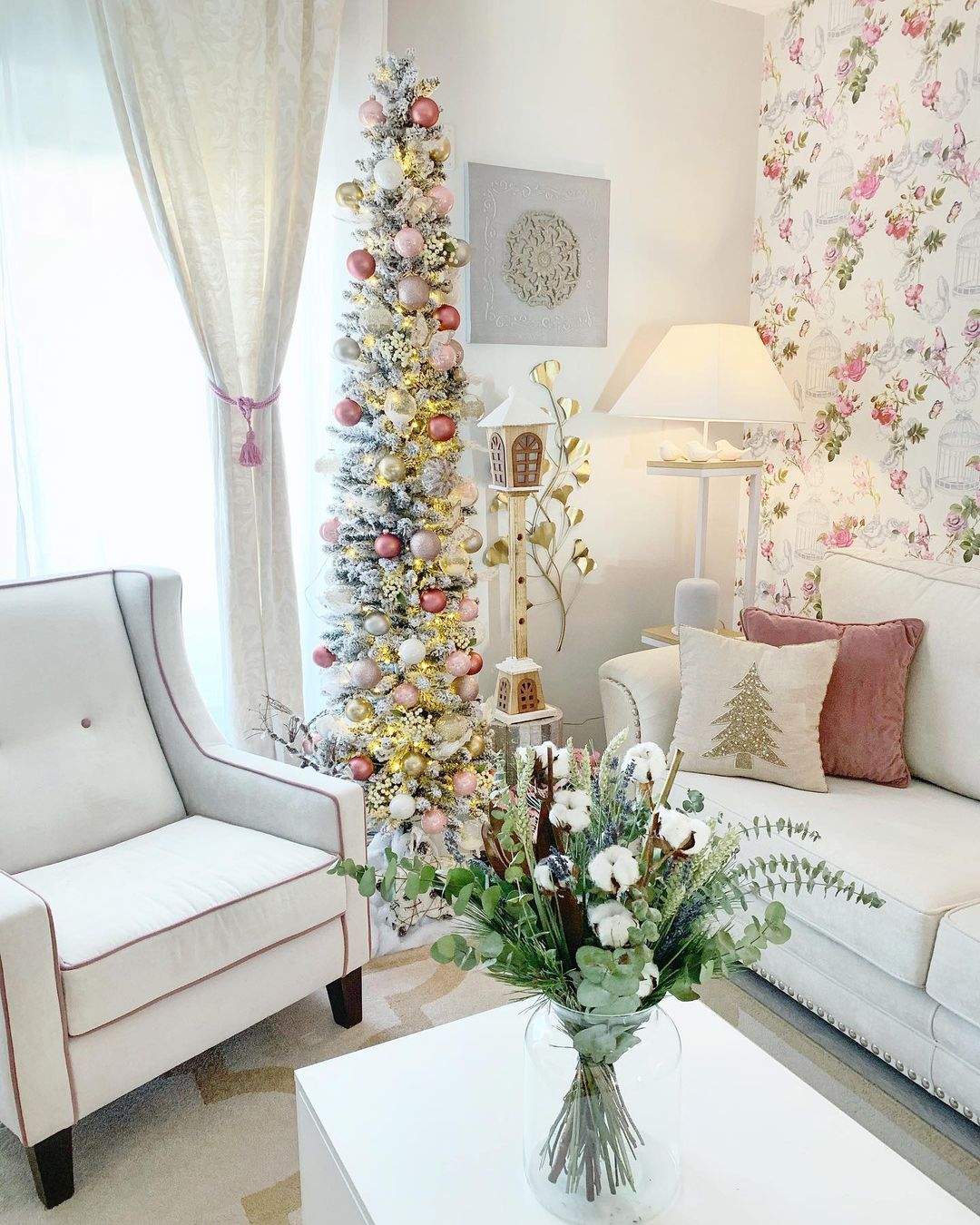 Infuse Floral Charm into Your Living Room with a Slim Christmas Tree