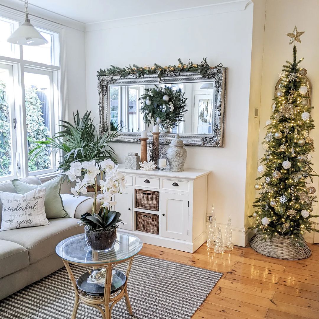 Elevate a Living Room with a Slim Christmas Tree and Elegant Decor