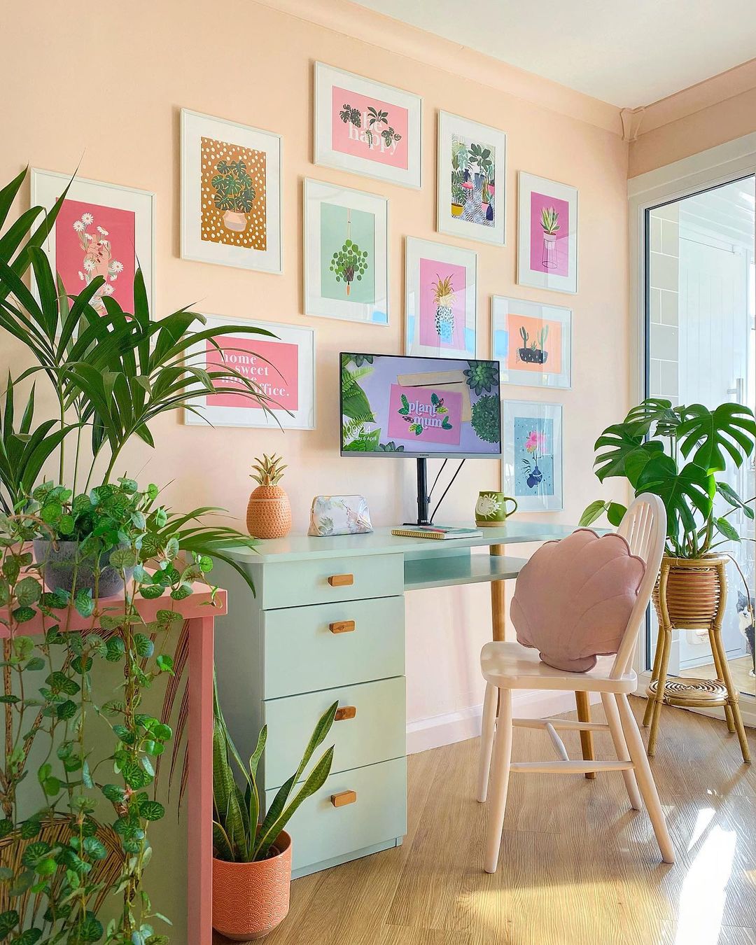 Botanical Pink Office with Green Accents