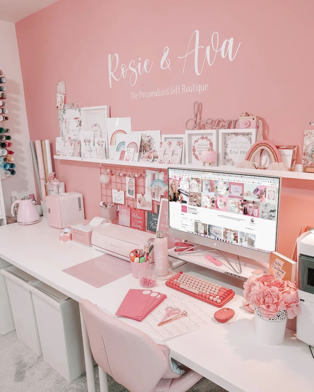 Personalized and Organized Pink Office with Custom Decor