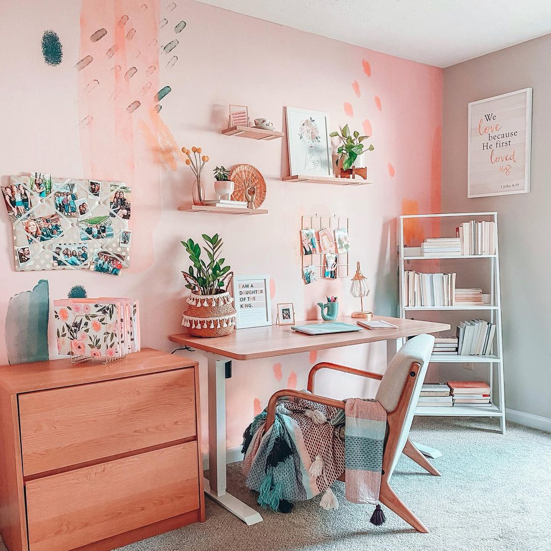 Artistic Pink Office with Watercolor Wal