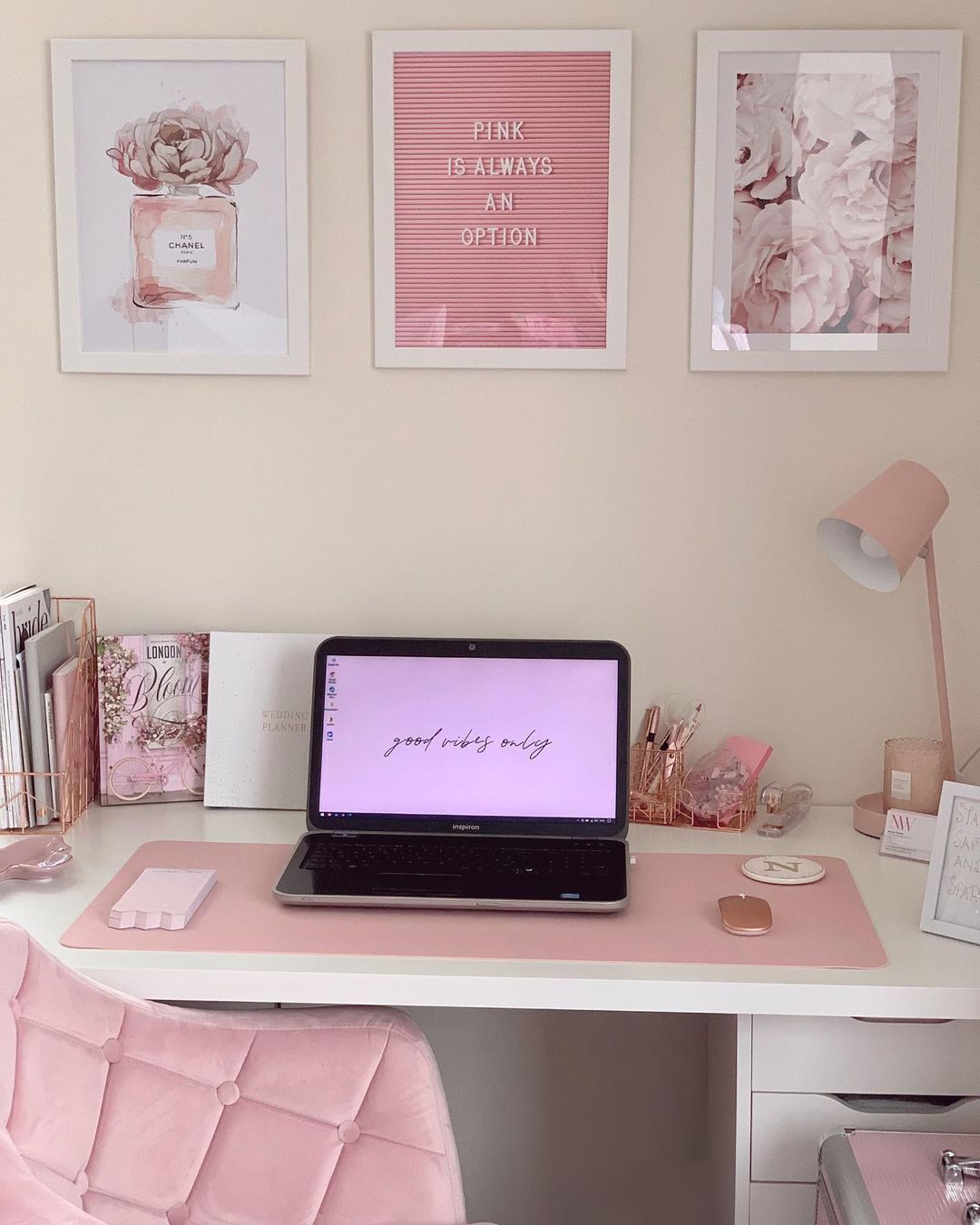 Elegant Pink Office with Inspirational Art