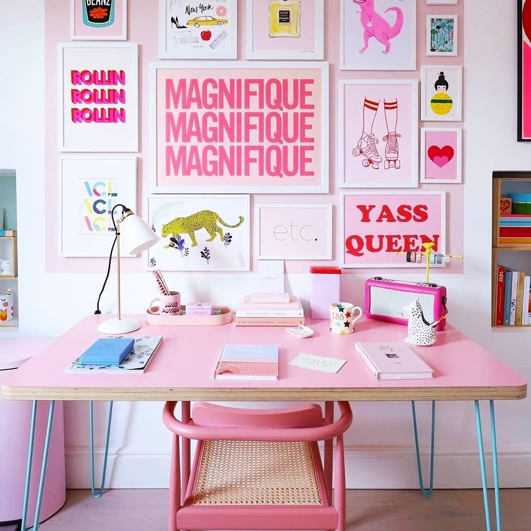 Vibrant Pink Office with Bold Wall Art