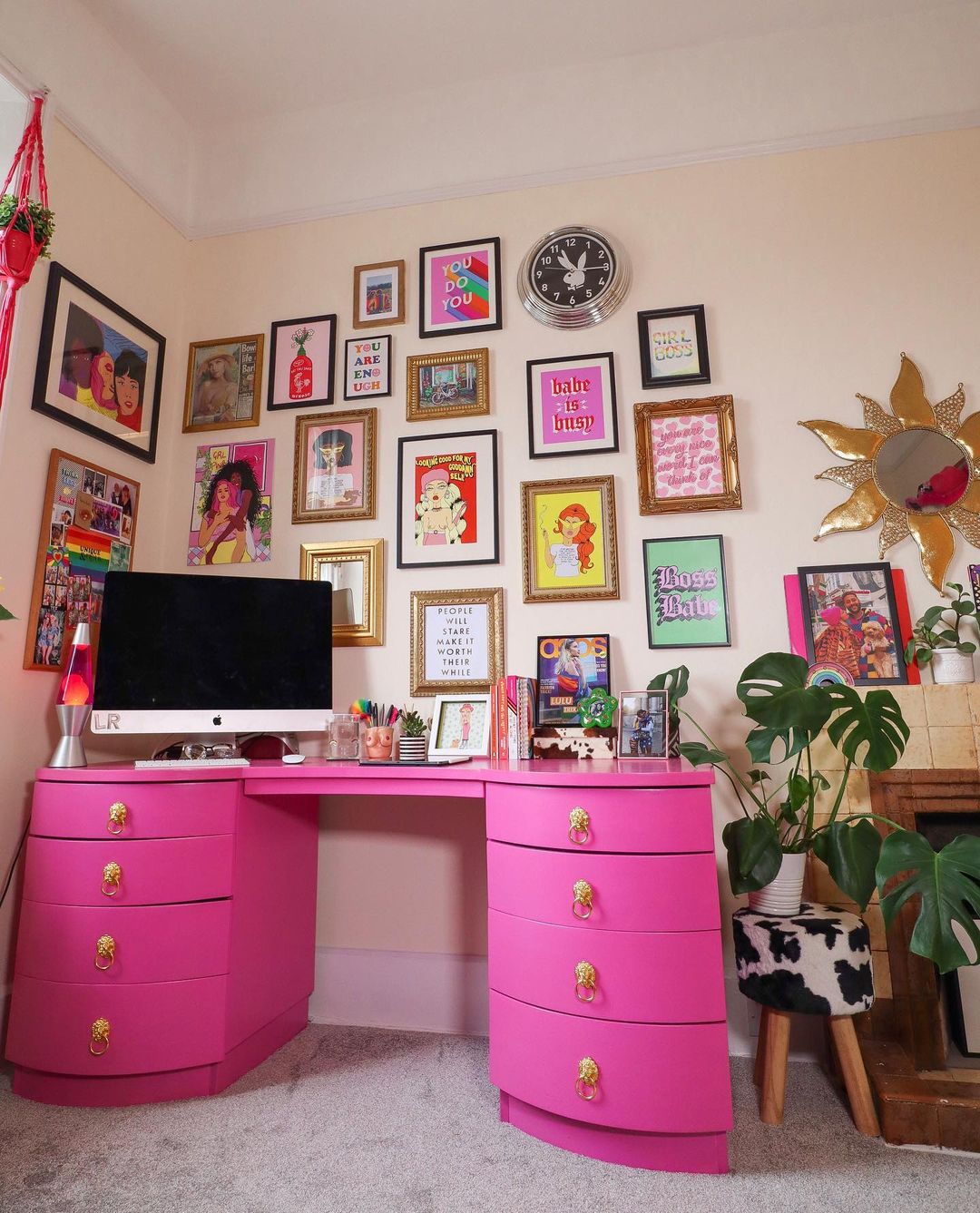 Eclectic Pink Office with Bold Gallery Wall