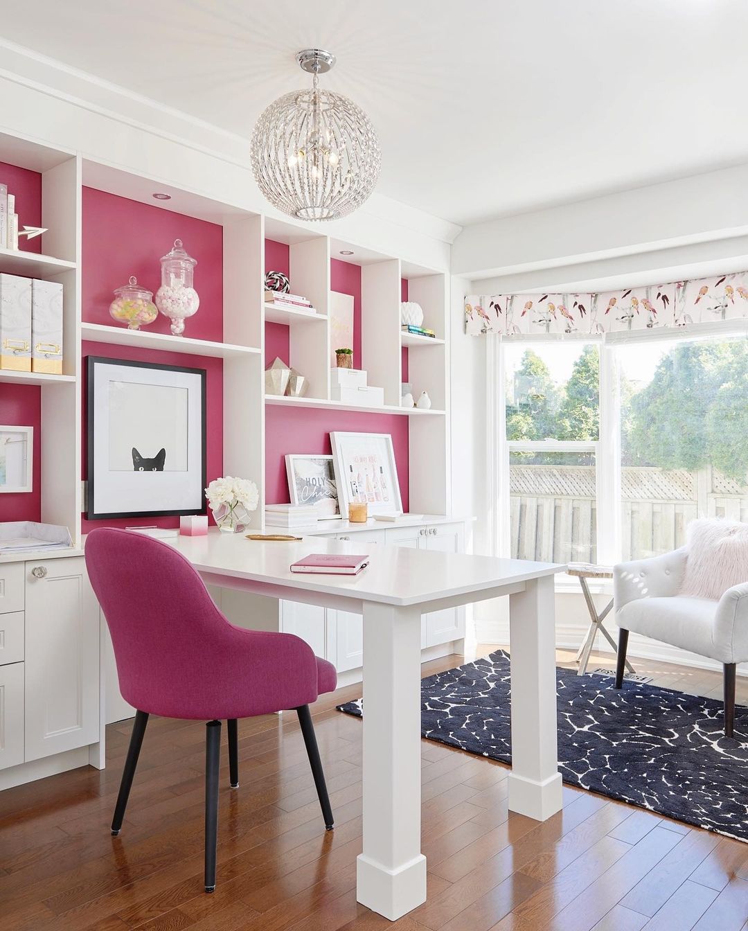 Sophisticated Pink Office with Built-In Shelving