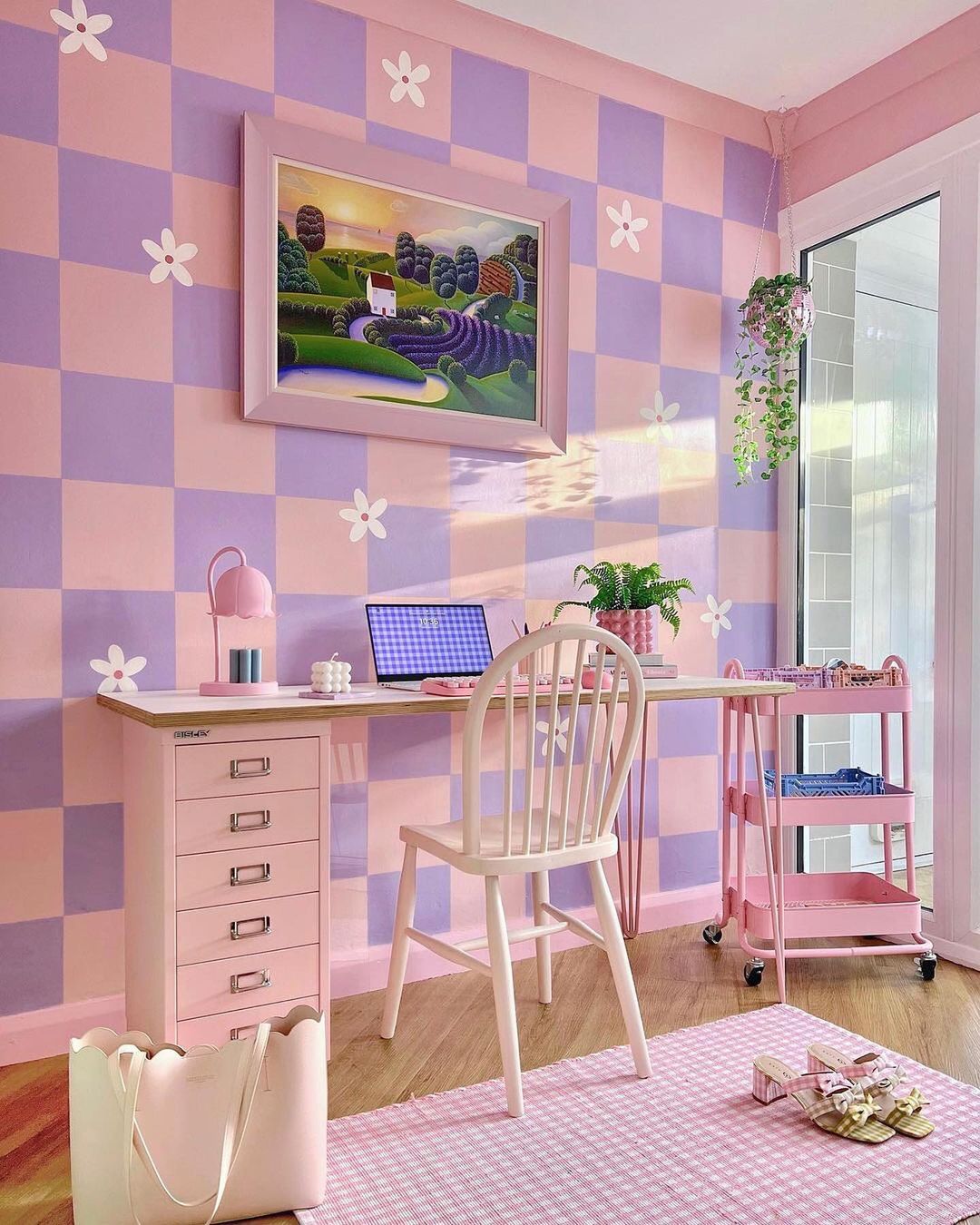 Cheerful and Organized Pink Office with Gingham Accents