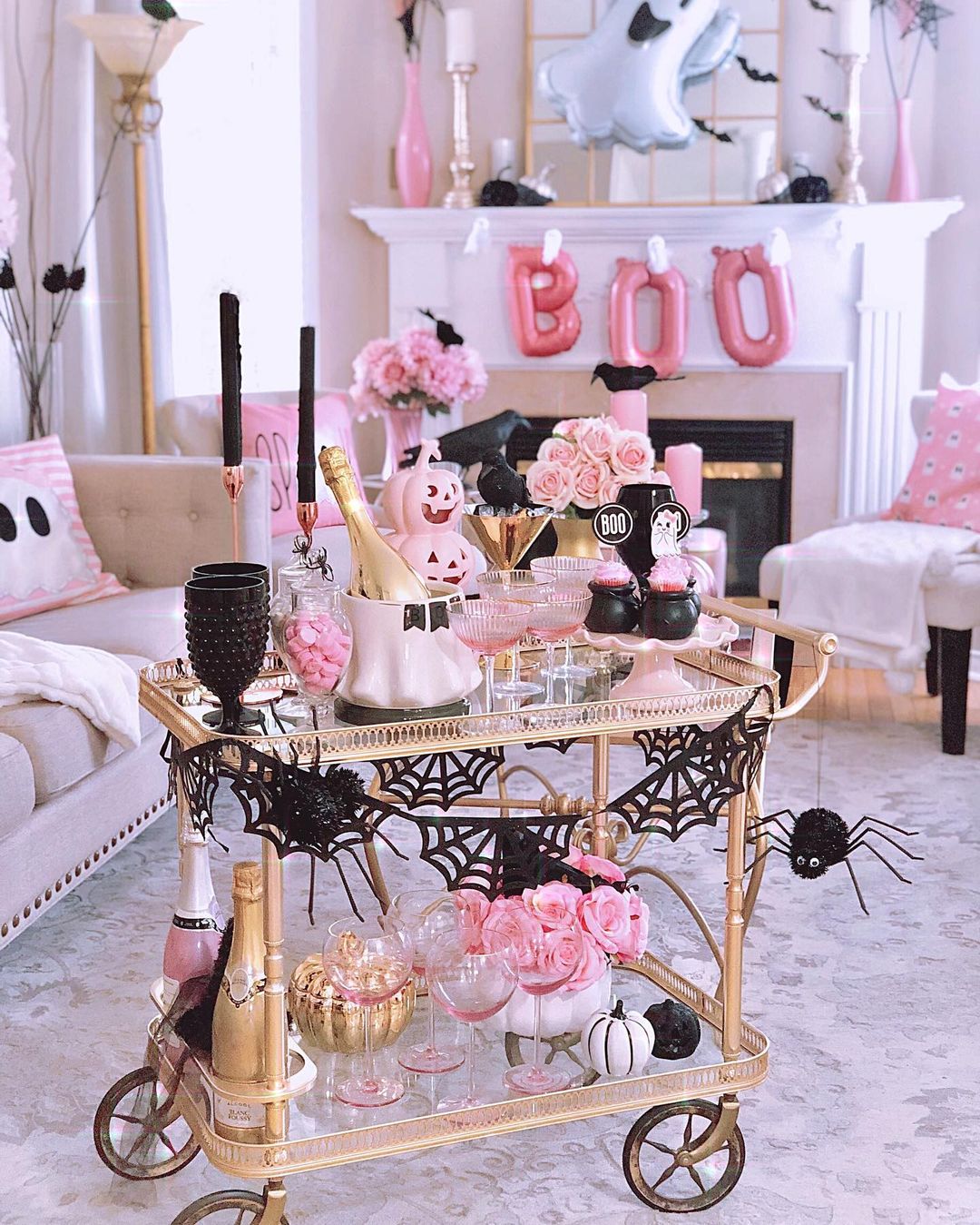 Stylish Pink Halloween Bar Cart with Elegant Details