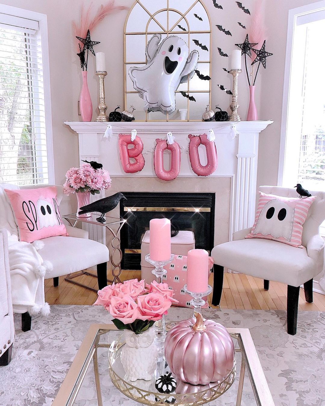 Chic Pink Halloween Living Room with Ghostly Accents