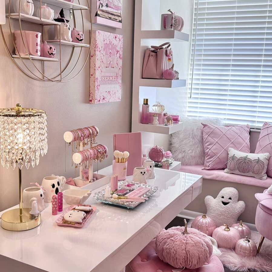 Glamorous Pink Halloween Vanity Setup with Elegant Touches