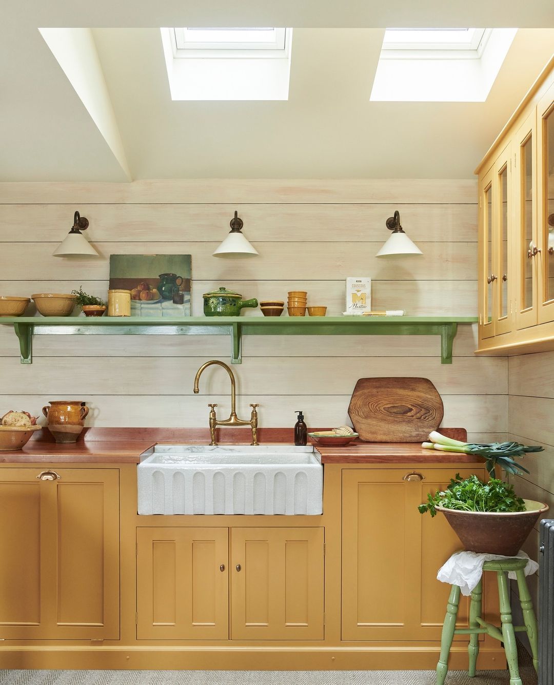 Warm Yellow Cabinets with Rustic Green Accents