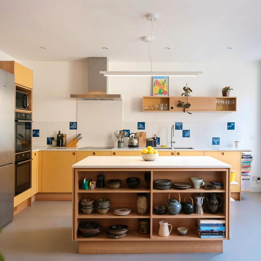 Modern Yellow Cabinets with Open Shelving