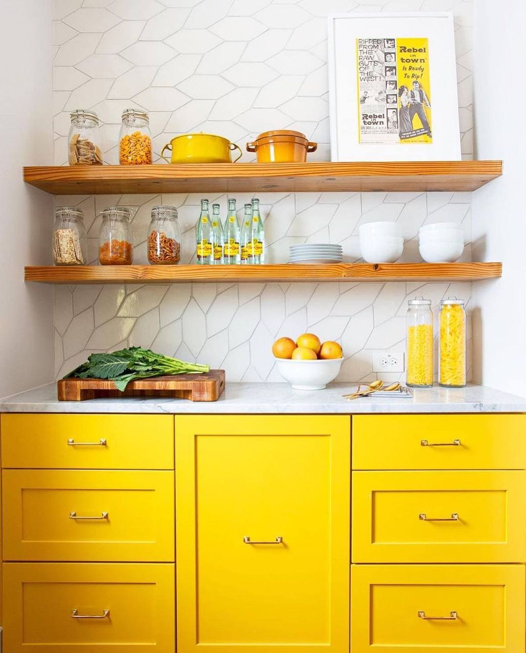 Bright Yellow Cabinets with Open Wooden Shelves