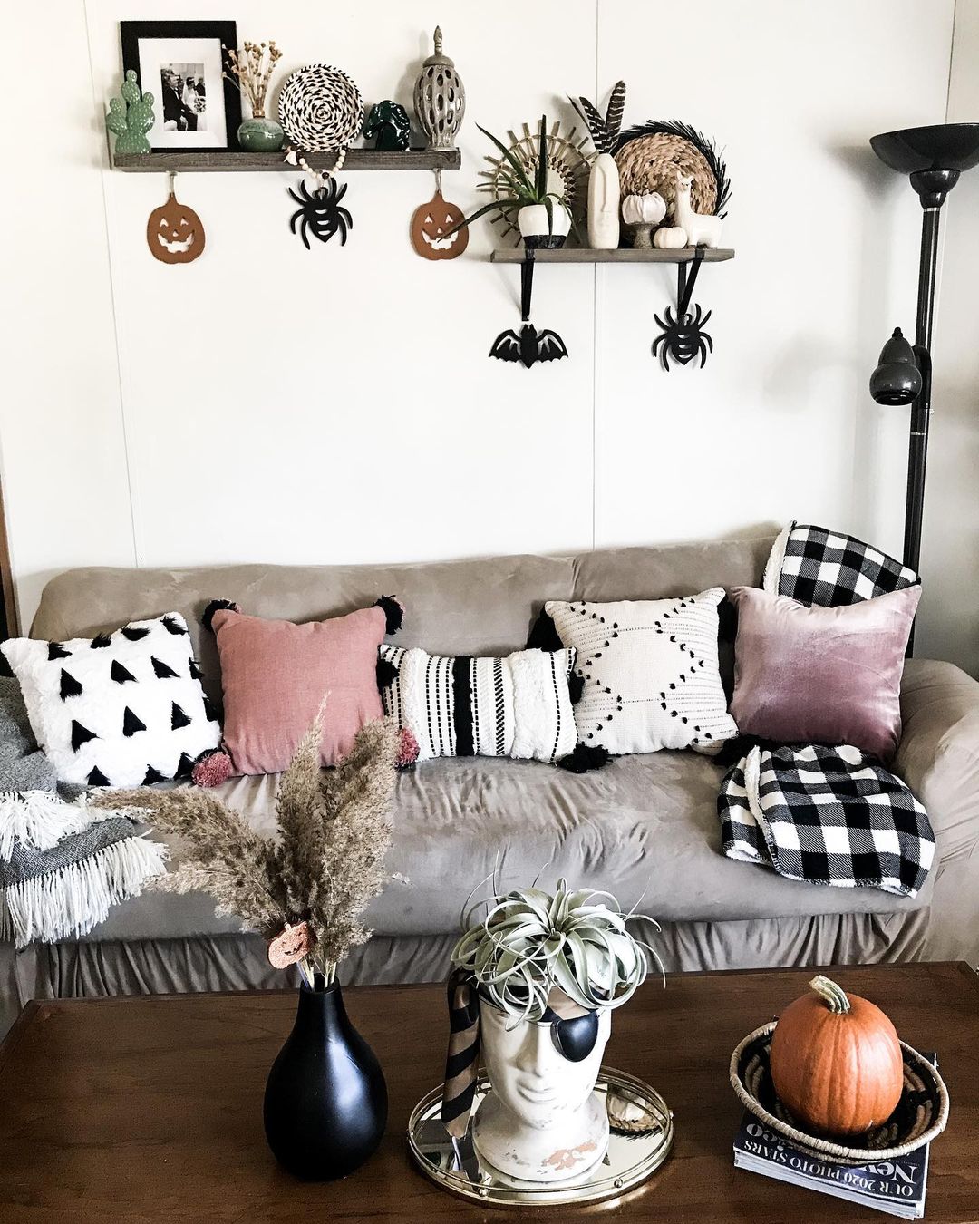 Playful Boho Fall Living Room with Halloween Touches