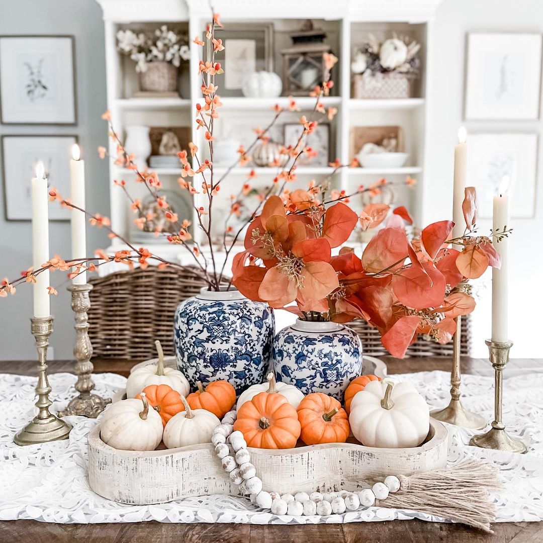 Classic Autumn Elegance with Blue and White Accents