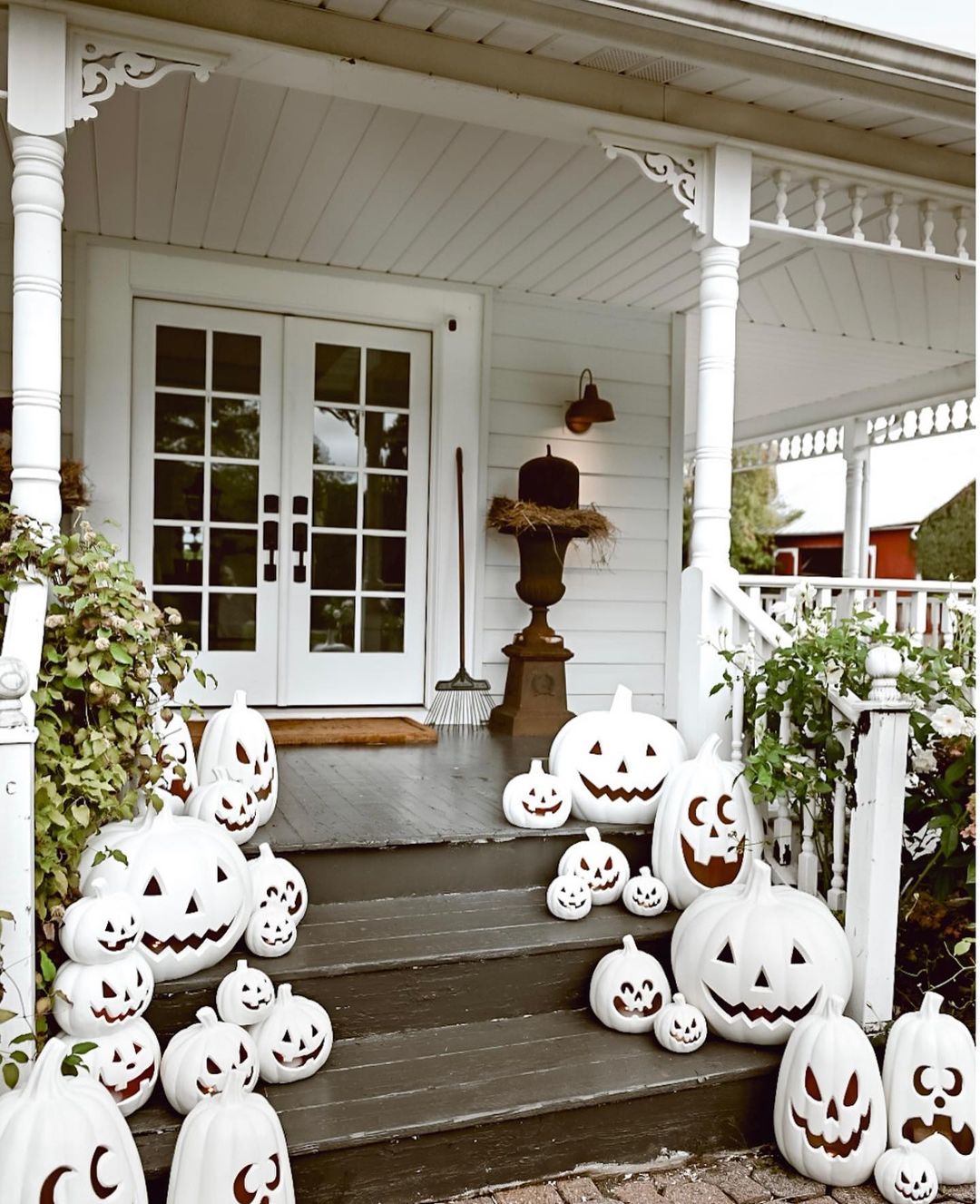 Whimsical White Pumpkin Display for Fall Porch