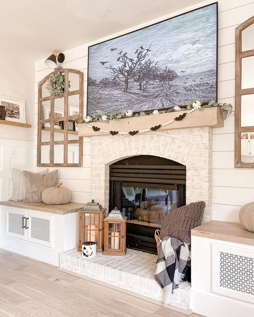 20. Style a Cosy Fireplace with Neutral Halloween Decor