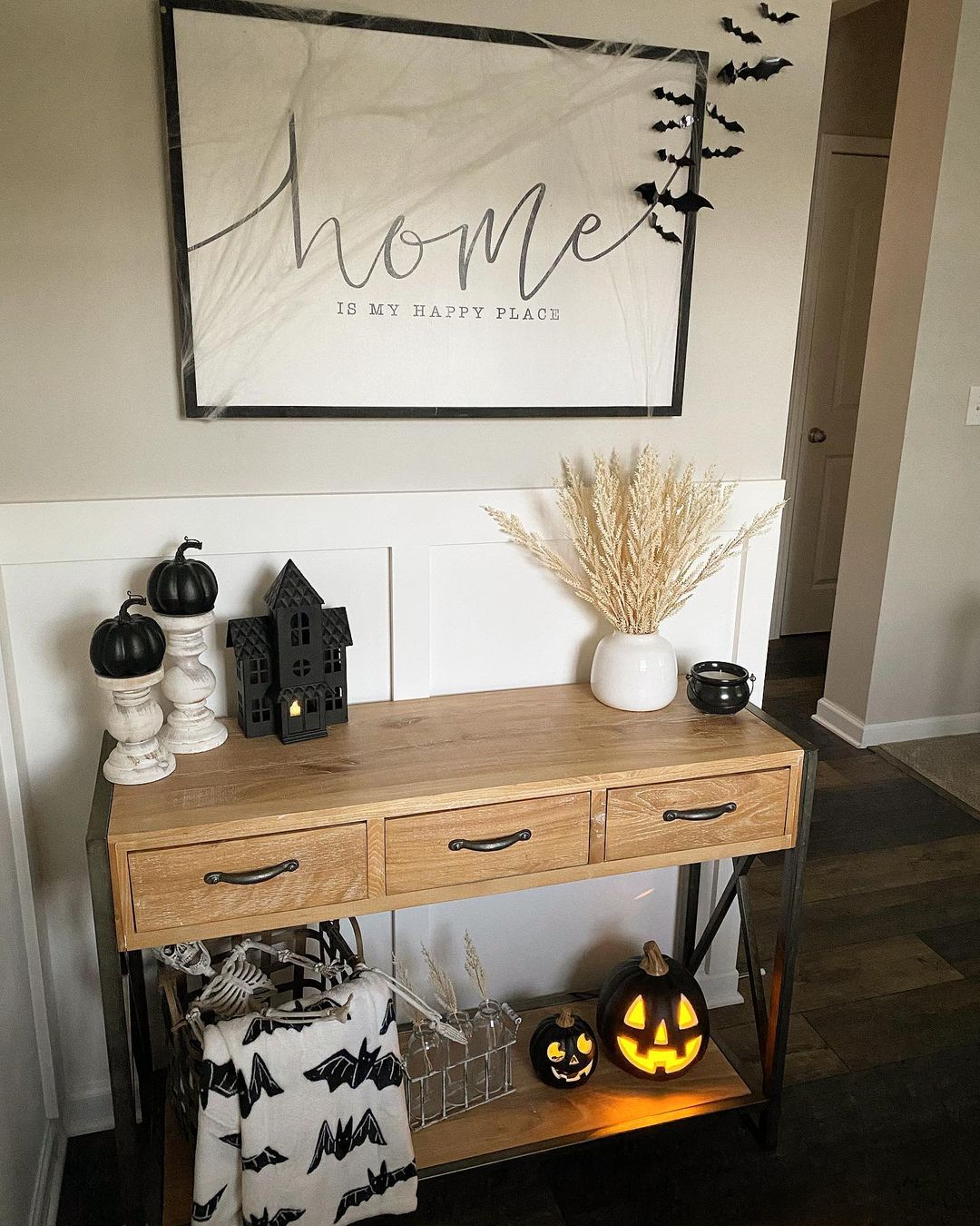 Style an Entryway Console with Neutral Halloween Decor