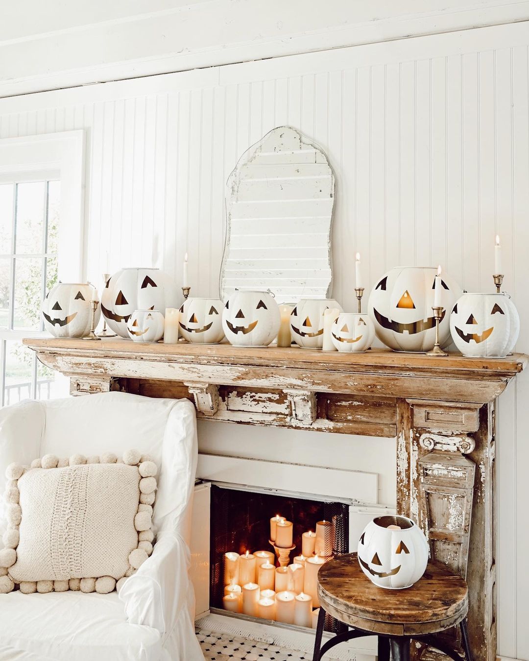 8. Achieve a Serene Halloween Mantel with White Pumpkins