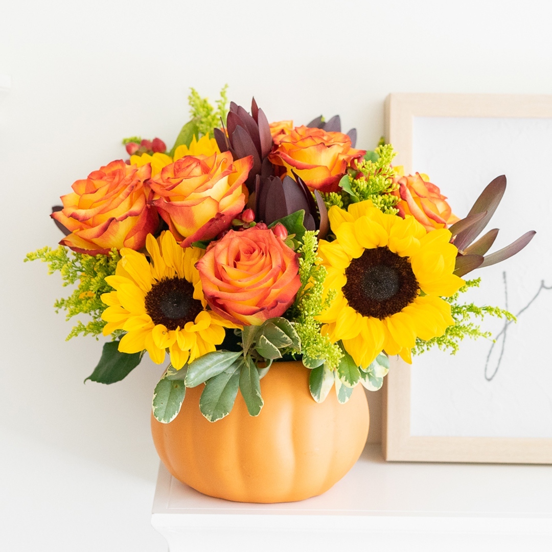 Sunflower and Rose Pumpkin Arrangement