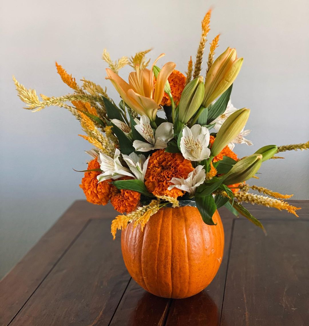 Classic Orange and White Pumpkin Floral Arrangement