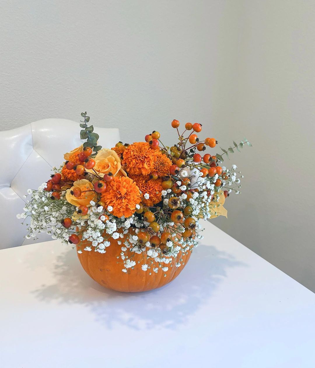 Fresh Orange and White Pumpkin Floral Arrangement