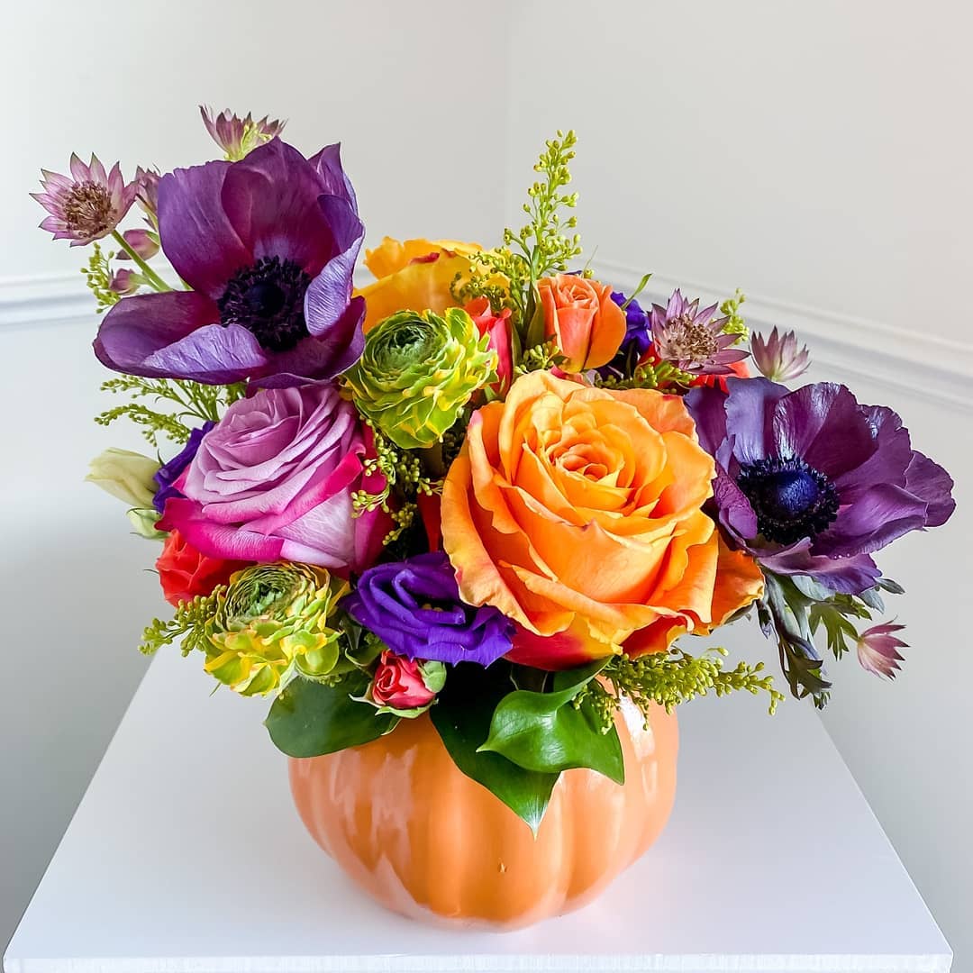 Bright and Bold Floral Pumpkin Arrangement