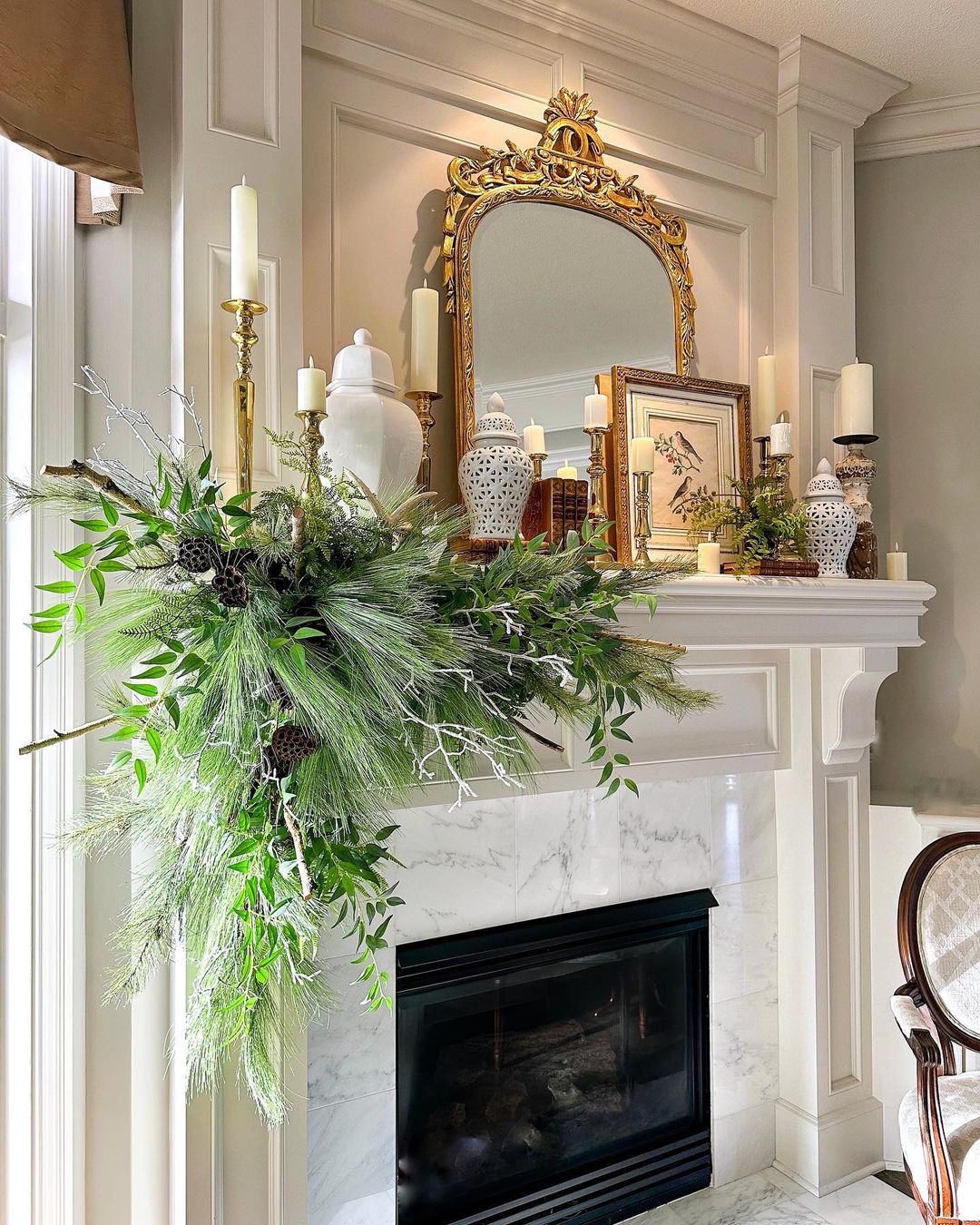 Understated Christmas Mantel with Natural Greenery