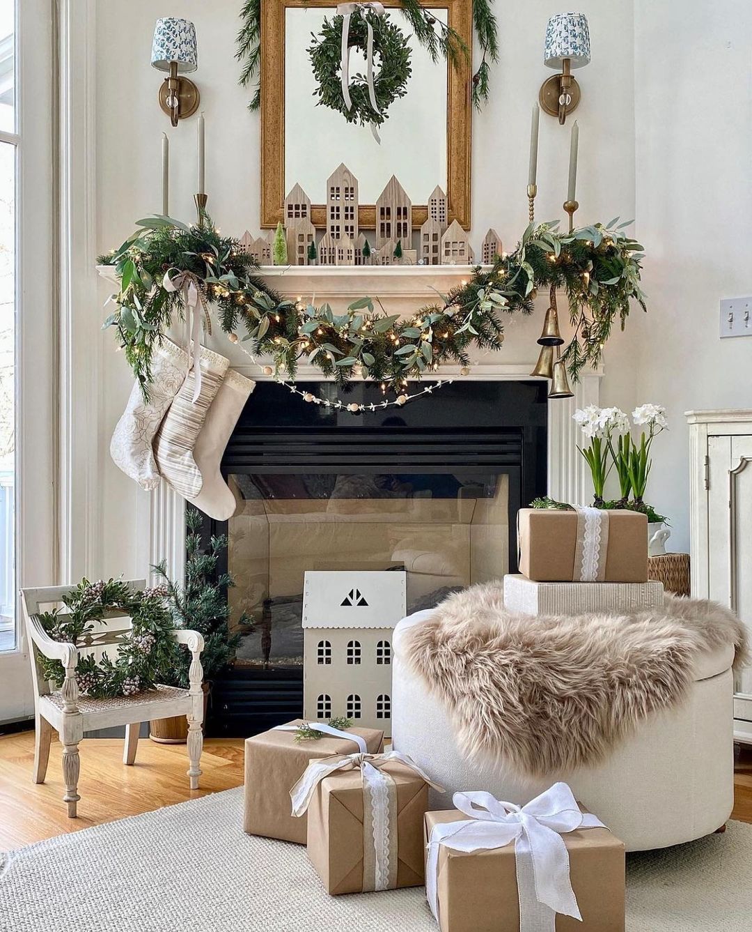 Cozy Christmas Mantel with Miniature Village and Natural Elements