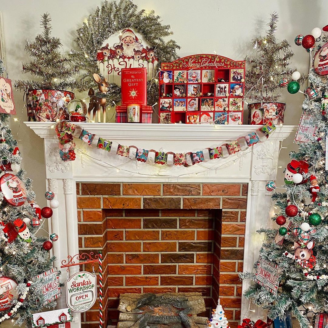 Playful Christmas Mantel with Vintage Santa Theme